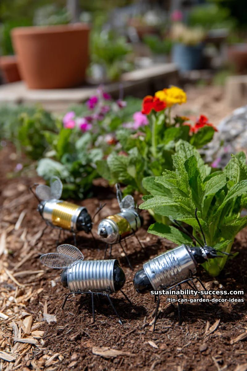 upcycled tin can bug sculptures with wire legs for quirky plant stakes 1