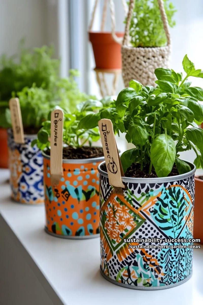upcycled tin can window herb garden with painted designs 1
