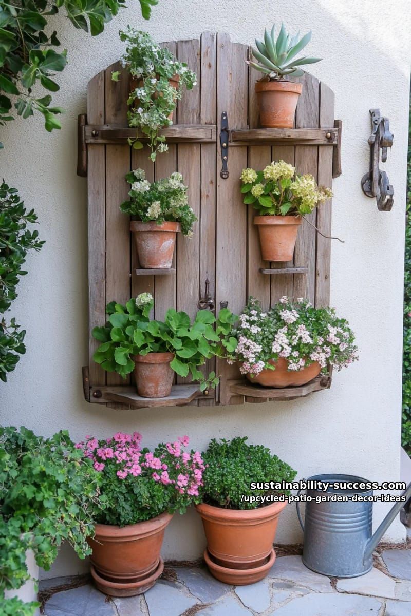 upcycled window shutters mounted with potted plants for vertical garden art 1