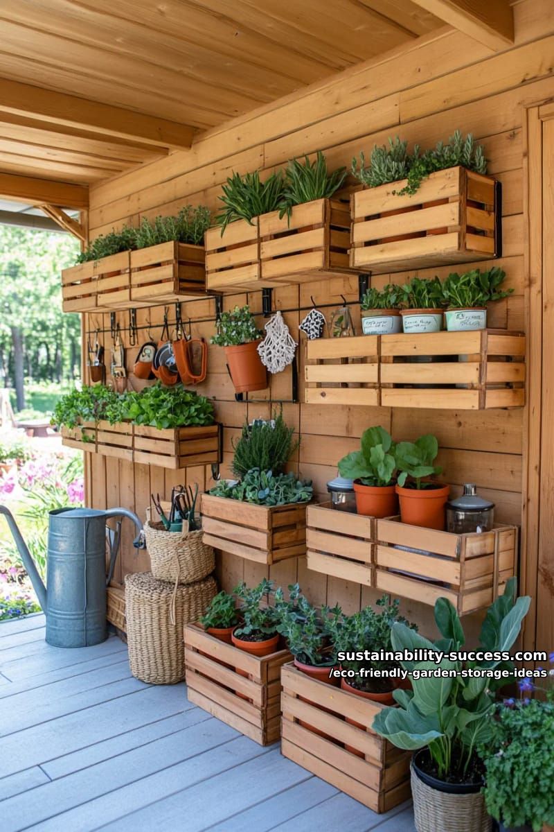 upcycled wooden crate shelving for sustainable plant pot and seed organization 1