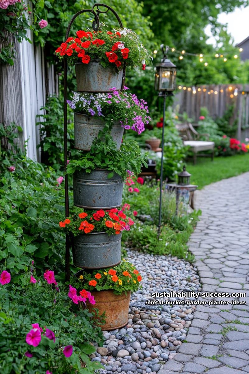 upside-down stacked buckets forming a whimsical garden totem with blooms 1
