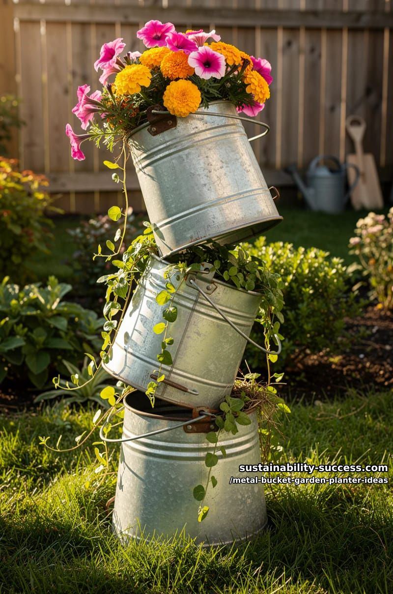 upside-down stacked buckets forming a whimsical garden totem with blooms 1