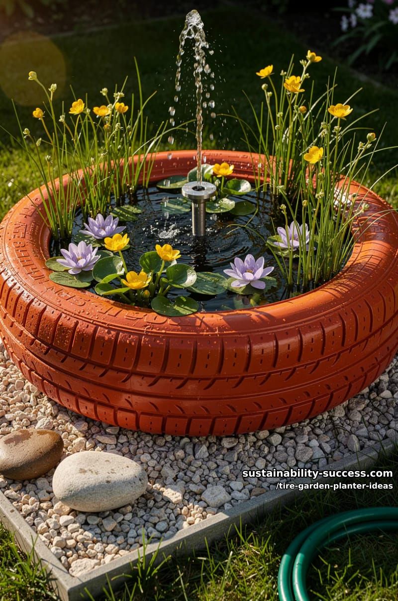 upside-down tire fountain planter with water-loving plants 1