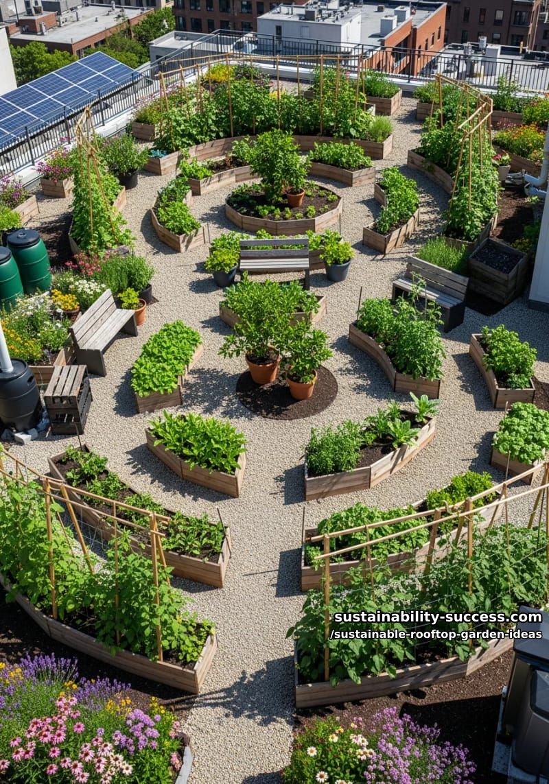 urban garden maze design featuring spiral paths and raised vegetable beds 1