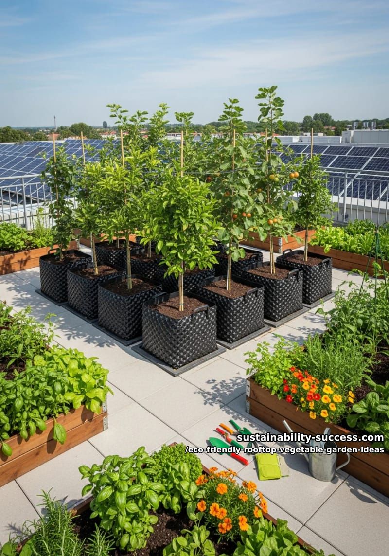 urban orchard zone with dwarf fruit trees in eco-friendly fabric grow bags 1