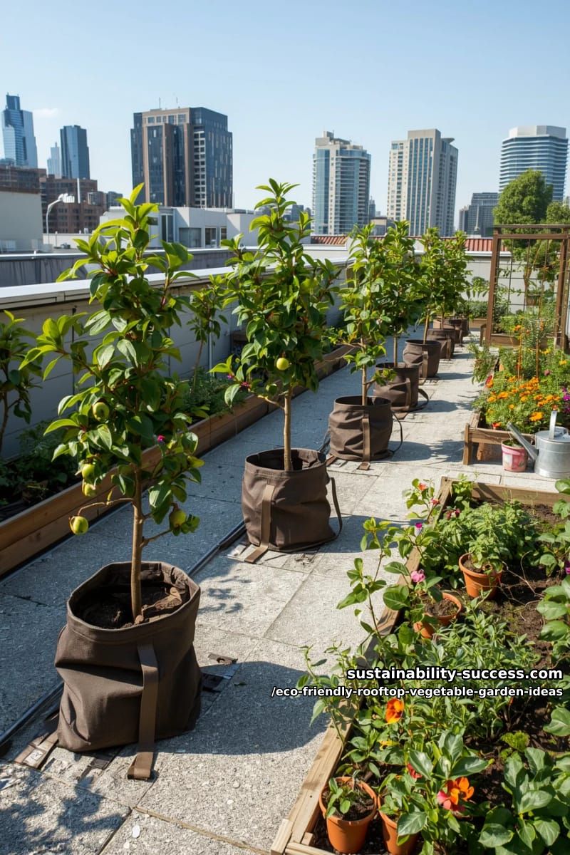 urban orchard zone with dwarf fruit trees in eco-friendly fabric grow bags 1