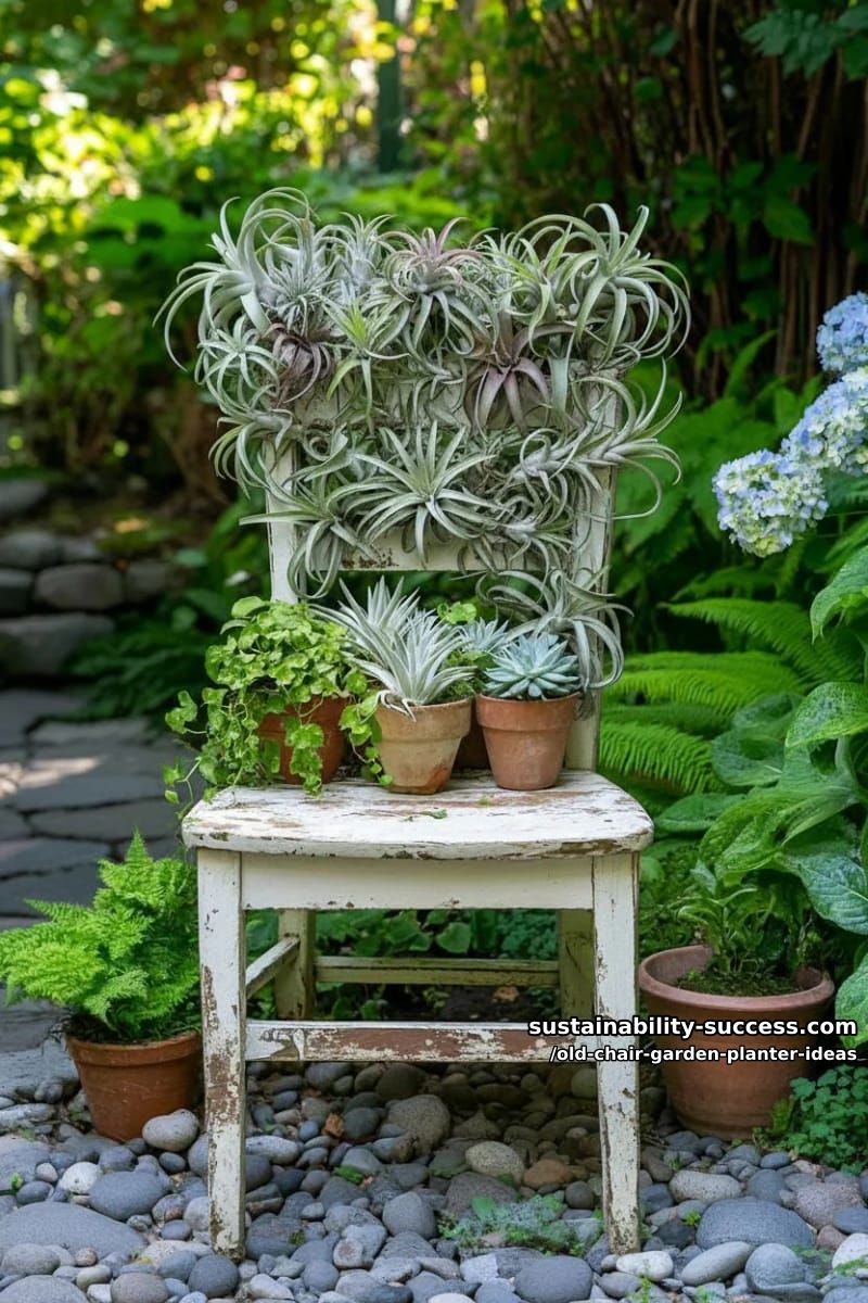 use a distressed chair as a vertical planter, filling the back slats with air plants 1