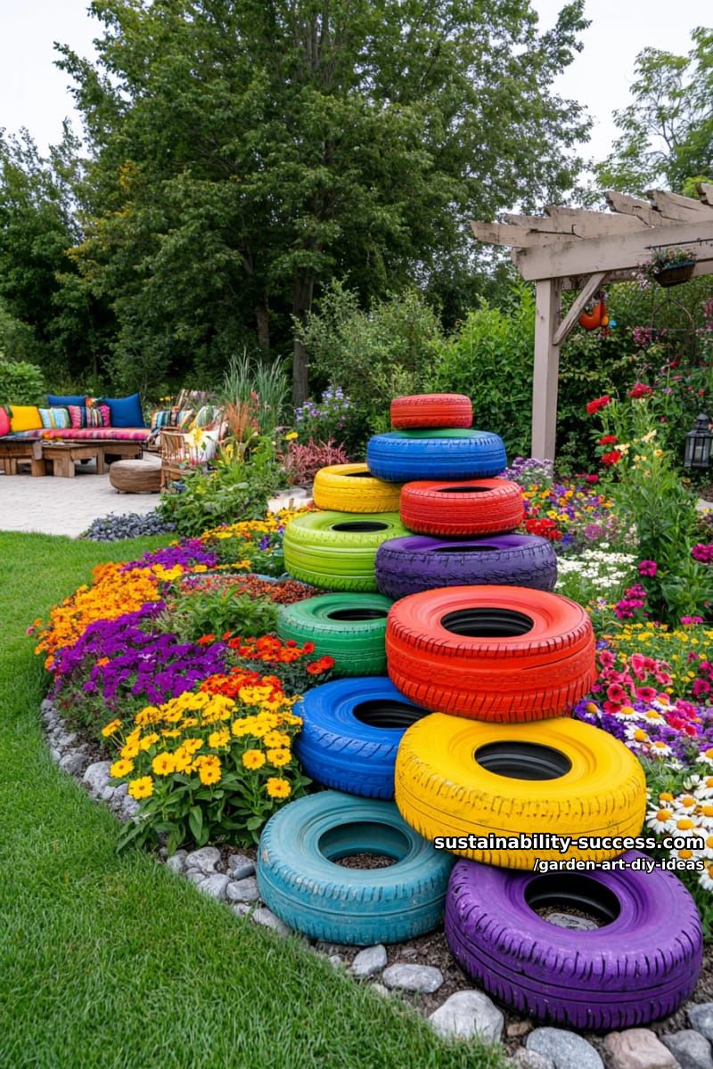 23 Creative Garden Art DIY Ideas for a Unique Outdoor Decor 25 use stacked painted tires as a rainbow garden sculpture centerpiece. 1