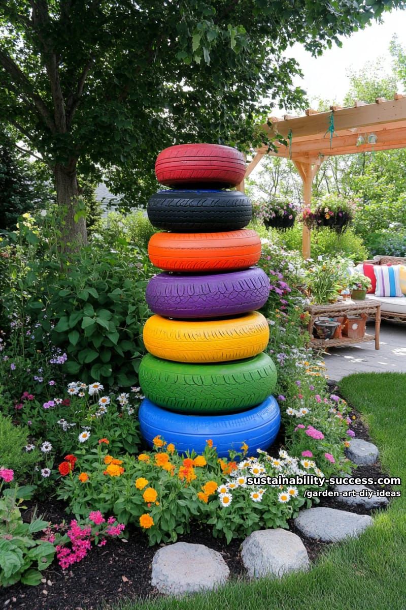 23 Creative Garden Art DIY Ideas for a Unique Outdoor Decor 26 use stacked painted tires as a rainbow garden sculpture centerpiece. 1