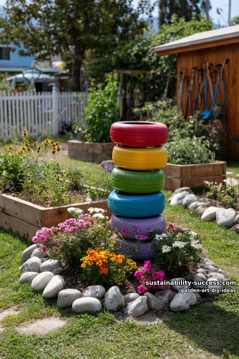 23 Creative Garden Art DIY Ideas for a Unique Outdoor Decor 27 use stacked painted tires as a rainbow garden sculpture centerpiece. 1