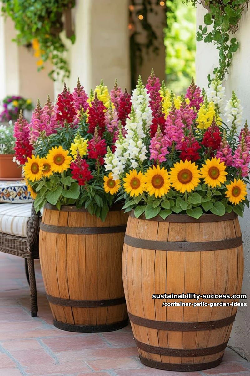 use weathered barrels as statement planters for sunflowers and snapdragons. 1