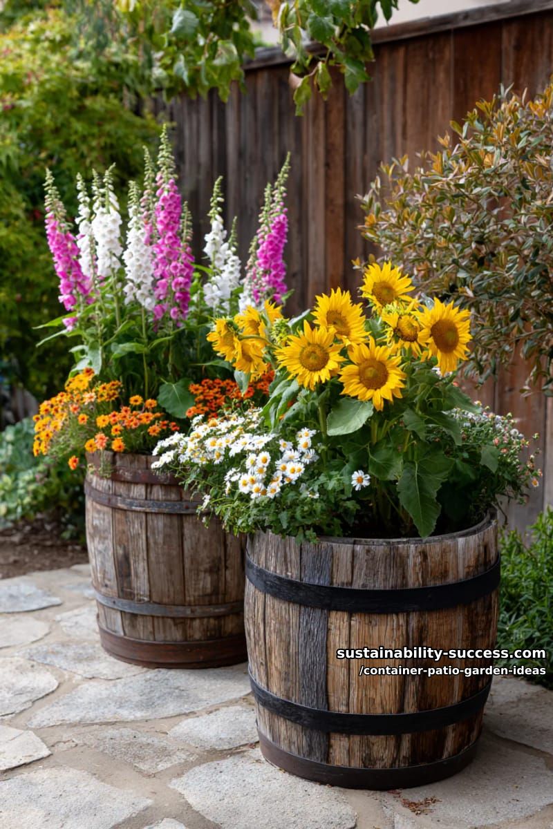use weathered barrels as statement planters for sunflowers and snapdragons. 1