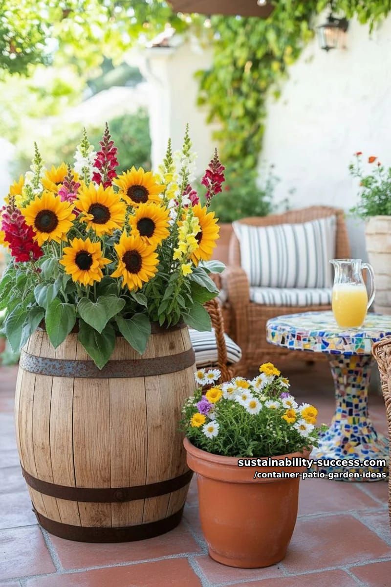 use weathered barrels as statement planters for sunflowers and snapdragons. 1