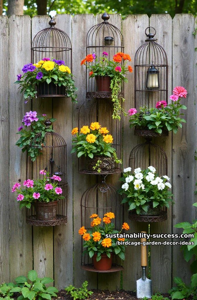 vertical birdcage garden on a wooden fence with colorful annuals 1