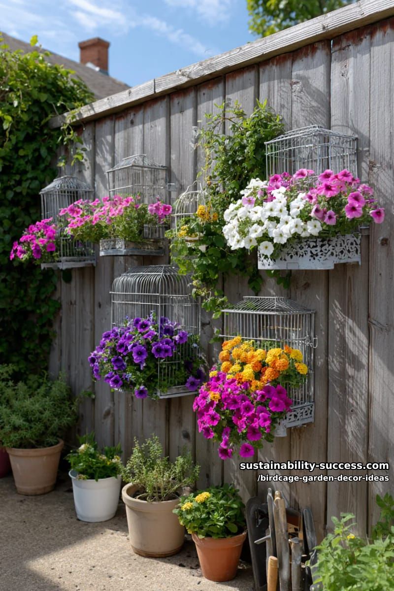 vertical birdcage garden on a wooden fence with colorful annuals 1