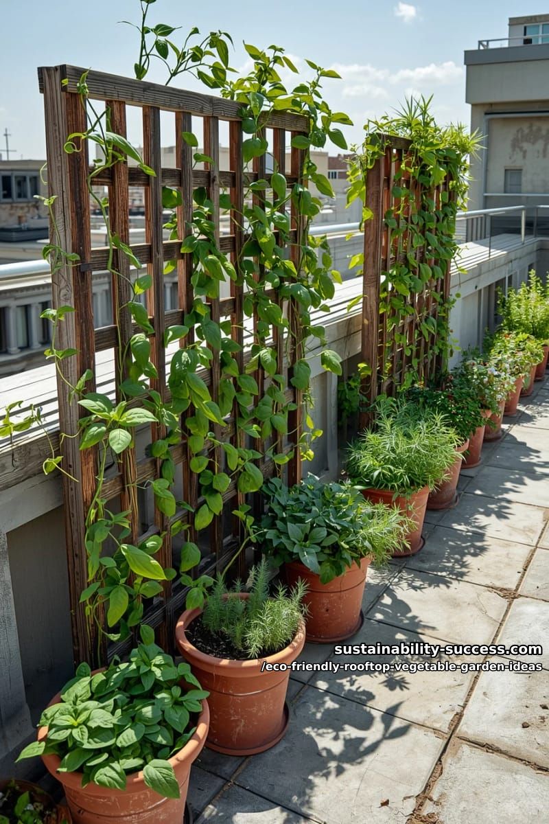 vertical herb gardens on wooden trellis walls with climbing pea vines 1