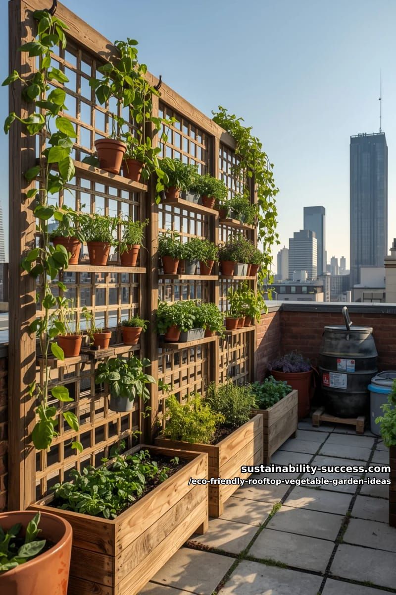 vertical herb gardens on wooden trellis walls with climbing pea vines 1