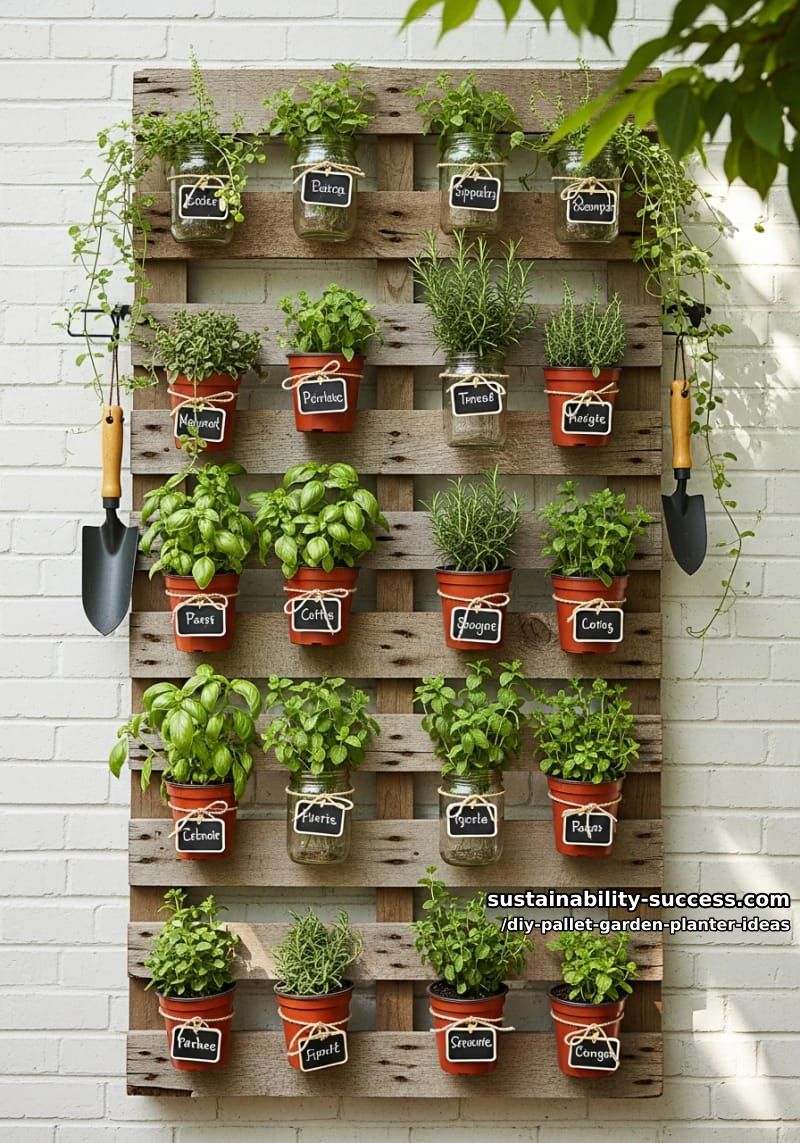 vertical herb wall from reclaimed pallet boards with chalkboard plant labels 1