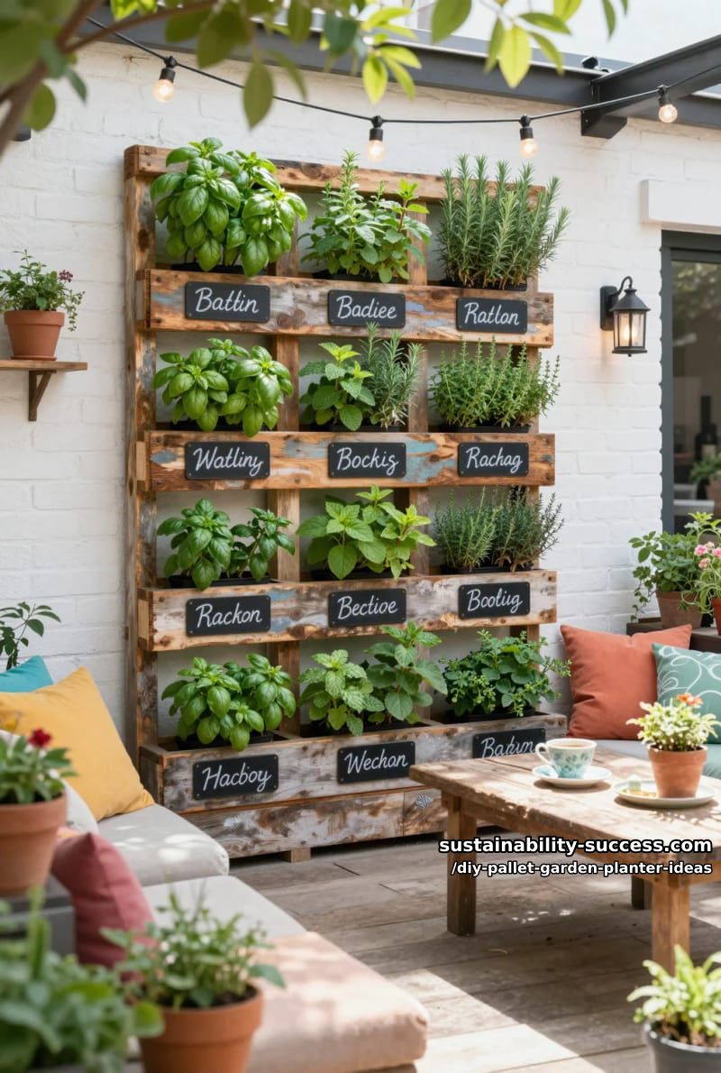 vertical herb wall from reclaimed pallet boards with chalkboard plant labels 1