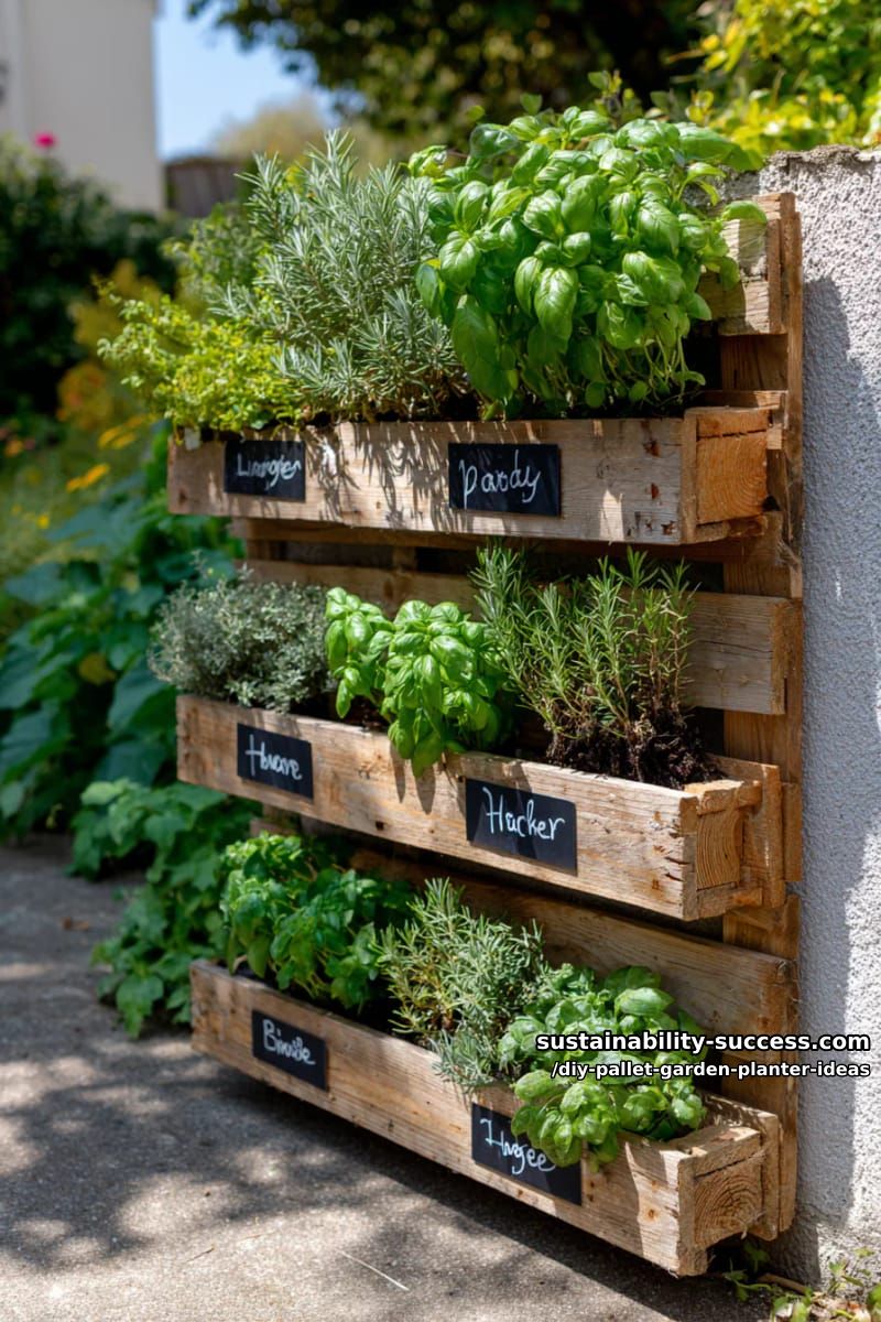 vertical herb wall from reclaimed pallet boards with chalkboard plant labels 1