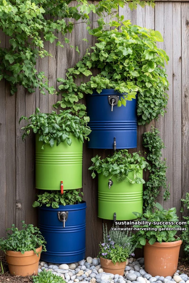 vertical rain barrel wall with climbing vines and edible herbs integrated 1