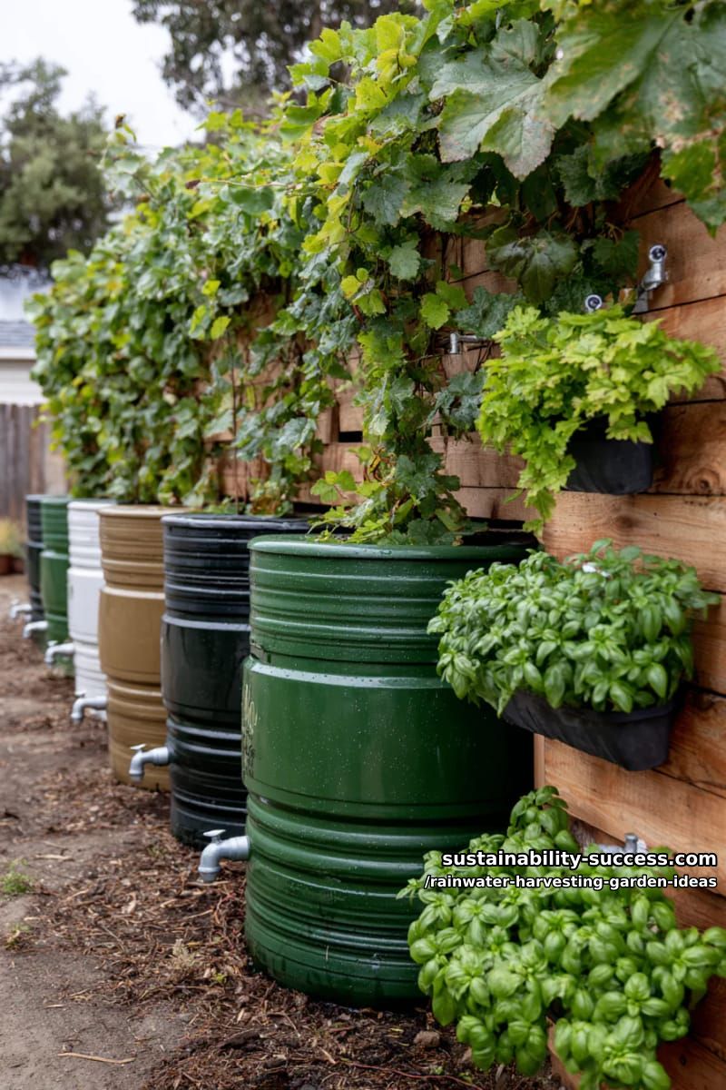 vertical rain barrel wall with climbing vines and edible herbs integrated 1