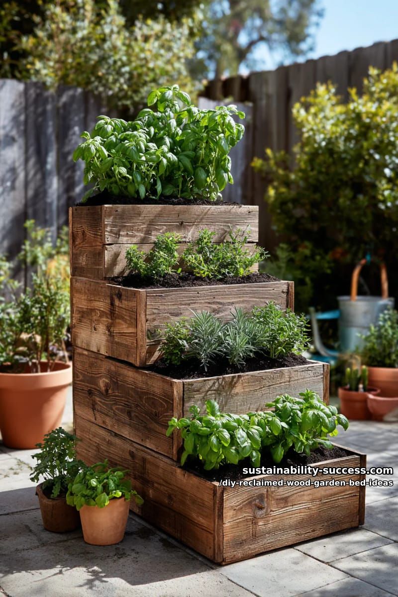 15 DIY Reclaimed Wood Garden Bed Ideas for Vibrant Backyards 5 vertical reclaimed wood garden bed tower for compact herb gardening spaces 1