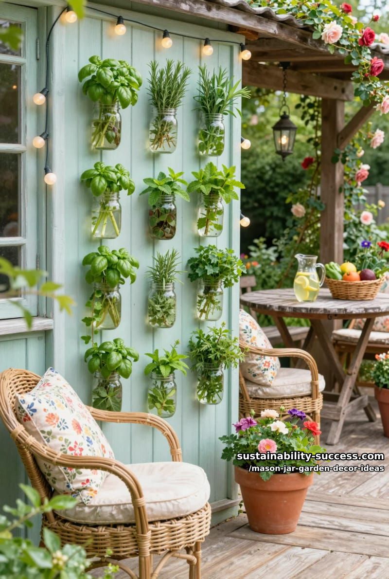 vertical wall display of mason jars growing fresh herbs and trailing ivy 1