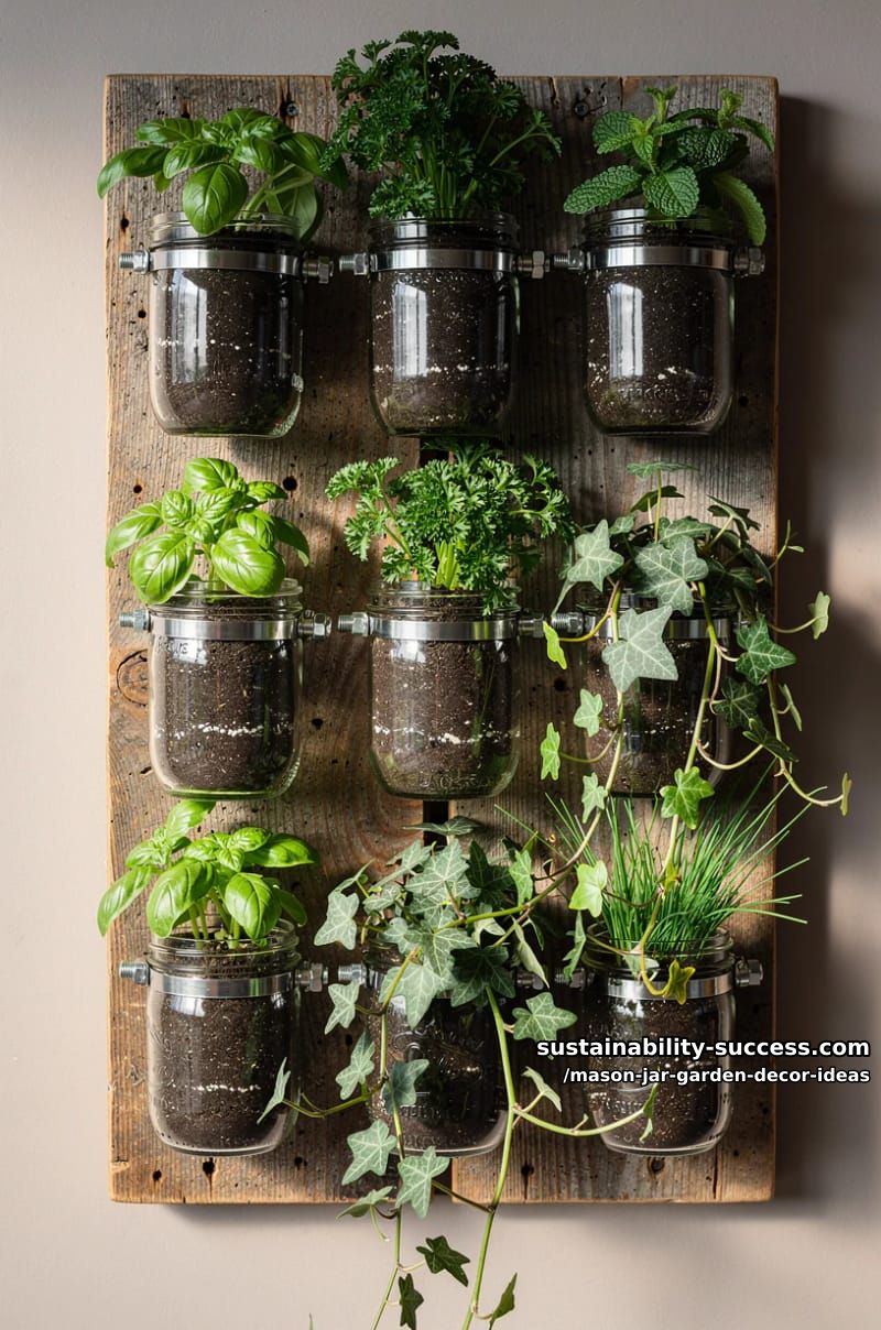 vertical wall display of mason jars growing fresh herbs and trailing ivy 1