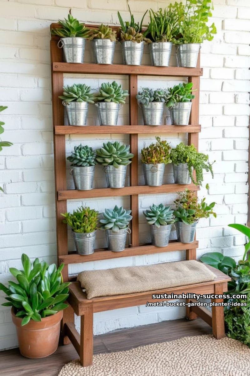 vertical wine rack repurposed to hold mini metal bucket succulents 1