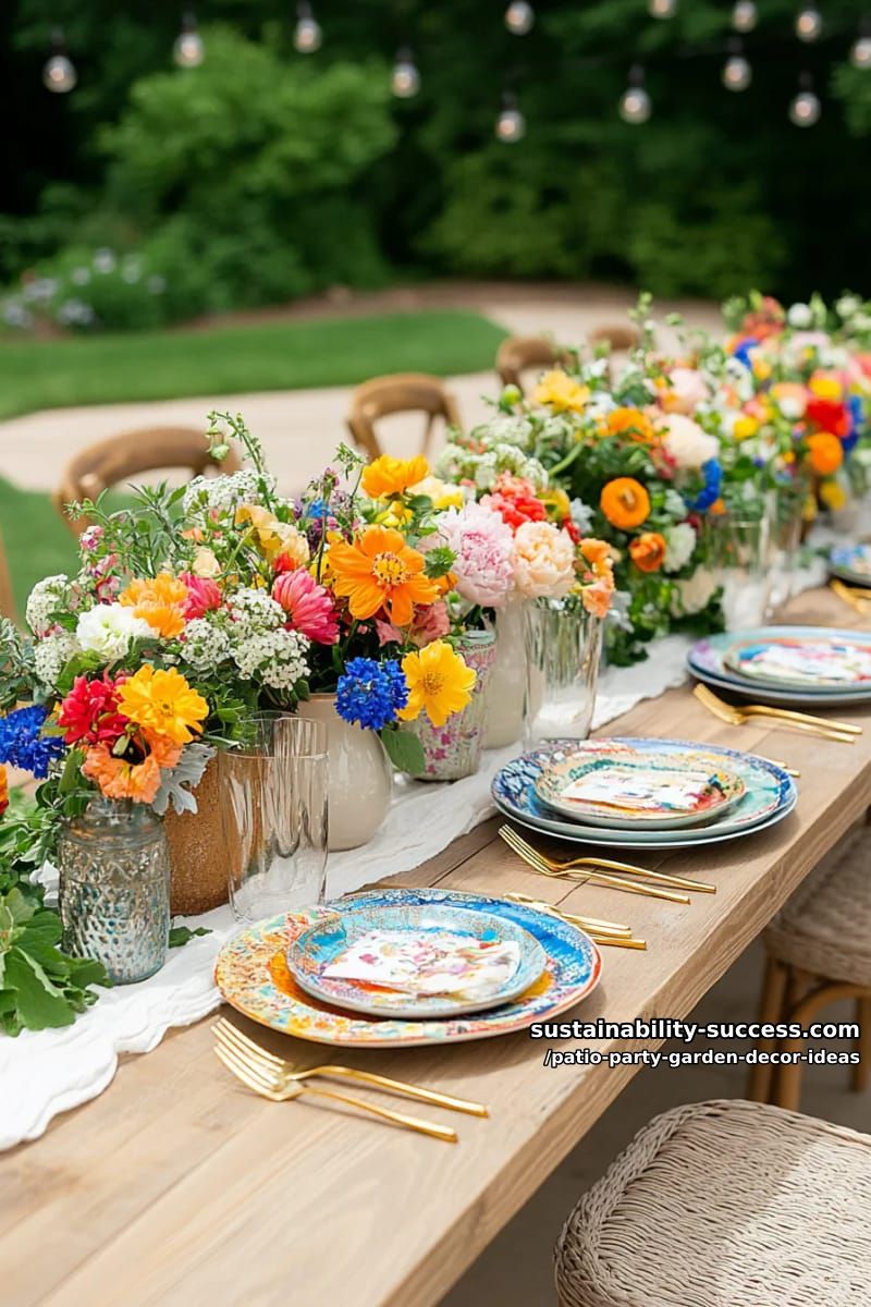 vibrant outdoor table settings with mix-and-match vintage plates and gold flatware 1