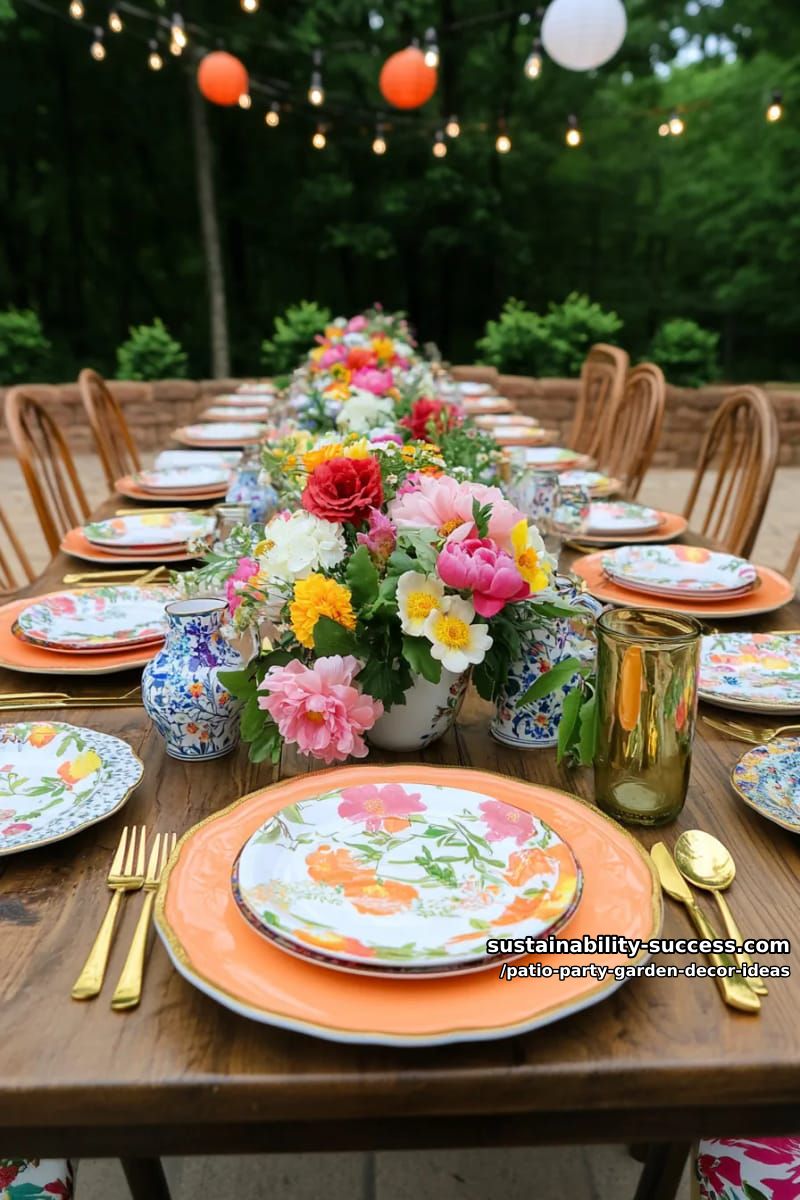 vibrant outdoor table settings with mix-and-match vintage plates and gold flatware 1