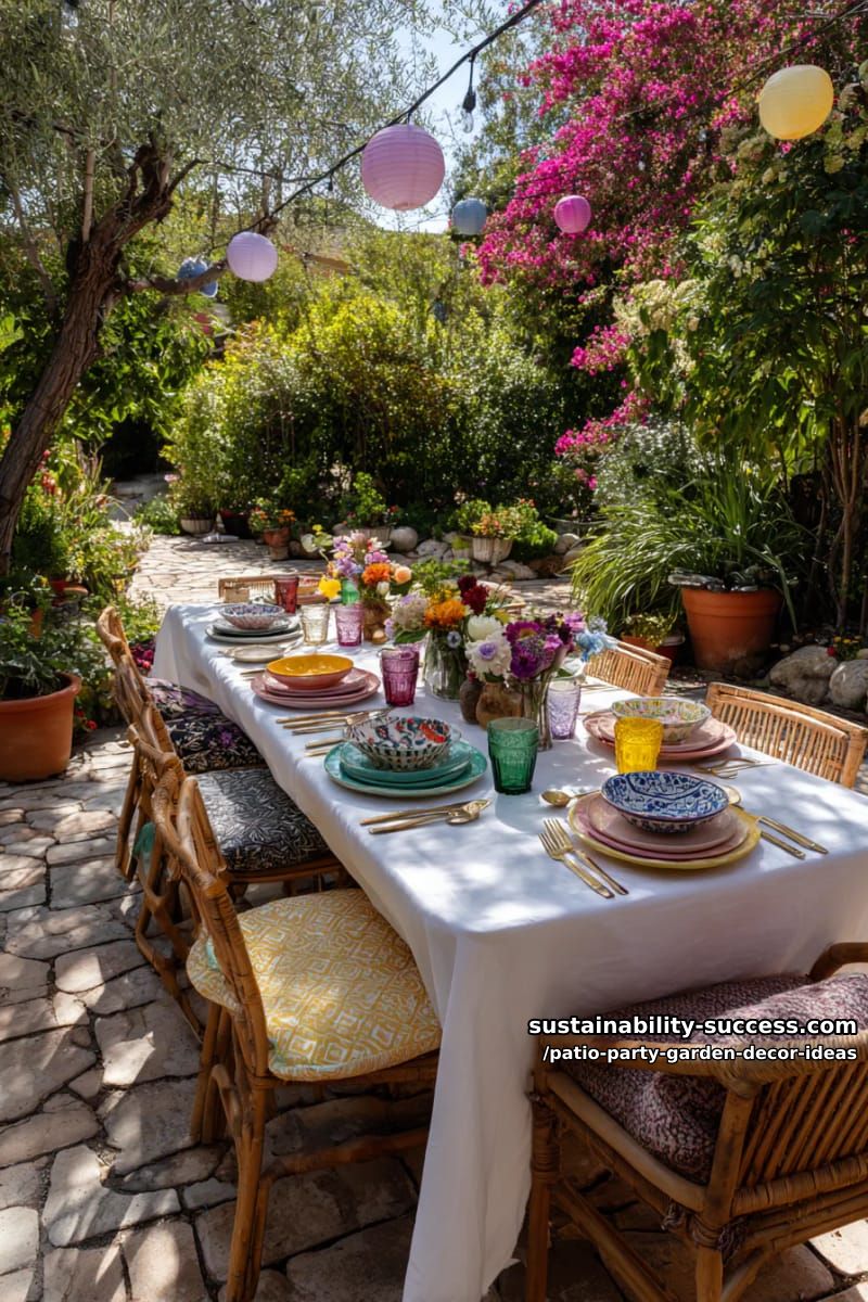 vibrant outdoor table settings with mix-and-match vintage plates and gold flatware 1
