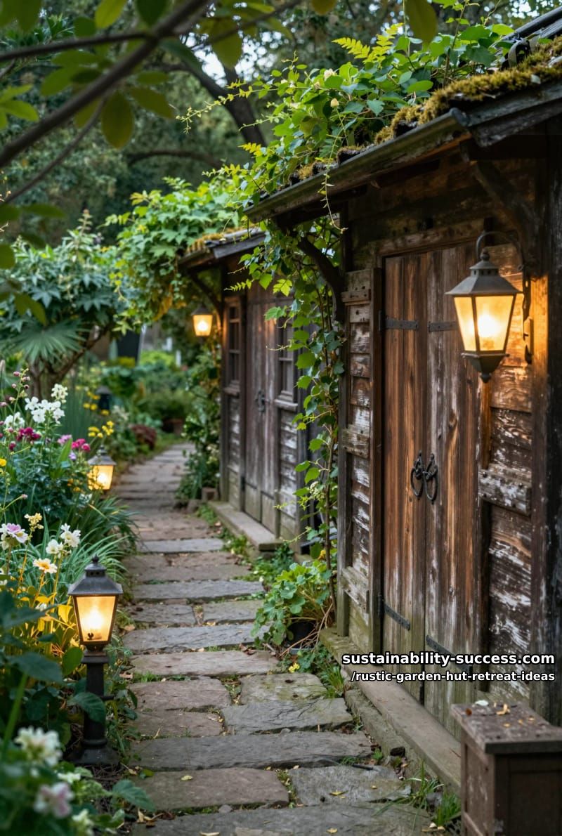 vintage lantern pathway lighting leading to cozy cabin doors 1