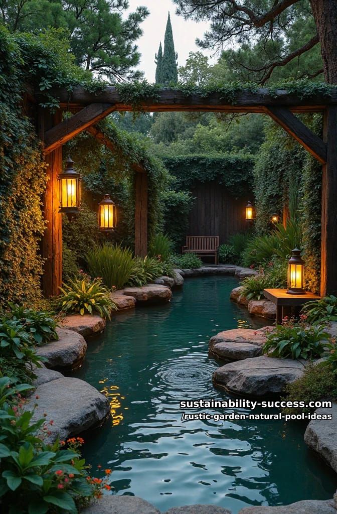 vintage lanterns hanging over a natural pool for magical twilight ambiance 1