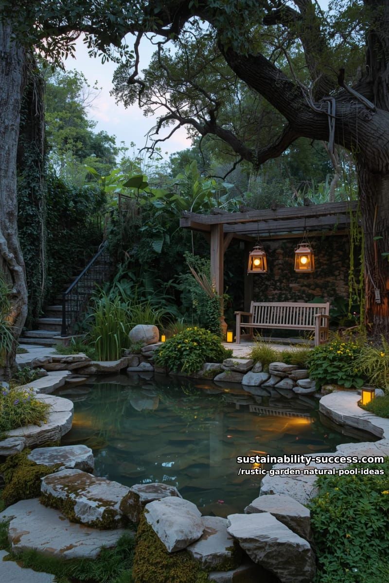 vintage lanterns hanging over a natural pool for magical twilight ambiance 1