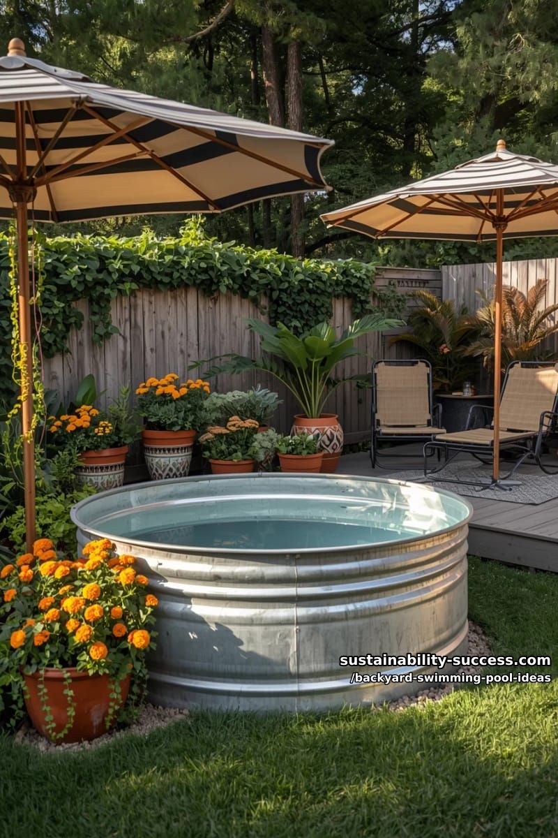 vintage stock tank pool with whimsical potted plants and striped umbrellas 1