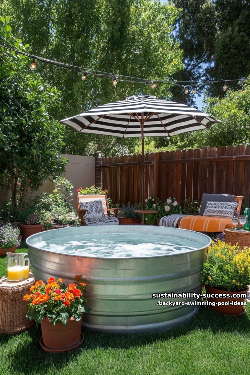 vintage stock tank pool with whimsical potted plants and striped umbrellas 1