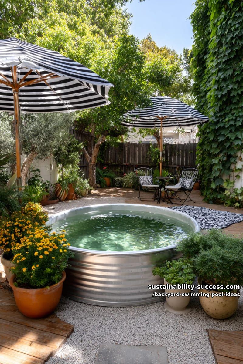 vintage stock tank pool with whimsical potted plants and striped umbrellas 1