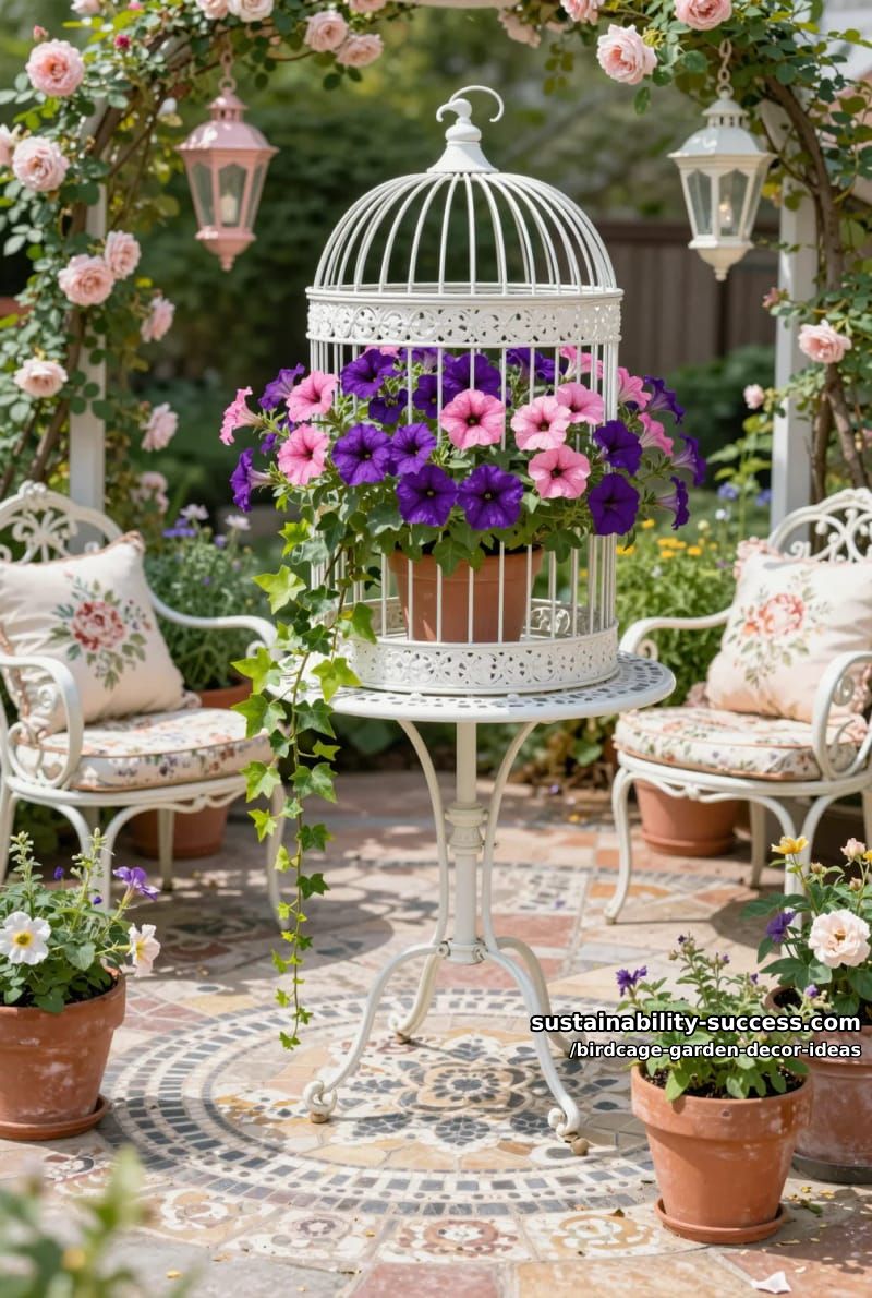 vintage white birdcage overflowing with vibrant petunias and trailing ivy 1