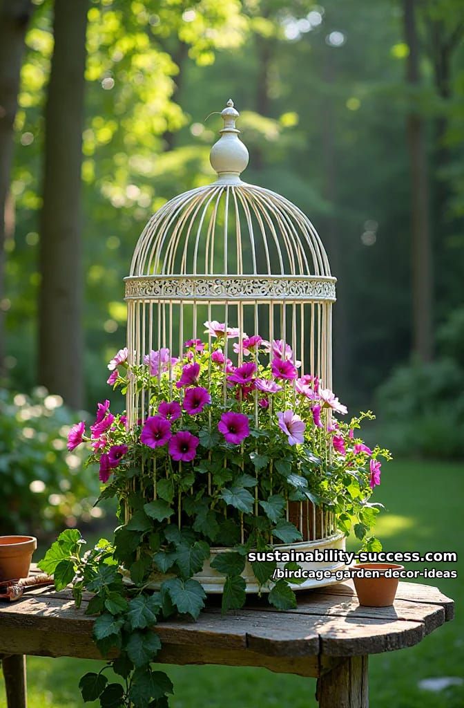 vintage white birdcage overflowing with vibrant petunias and trailing ivy 1