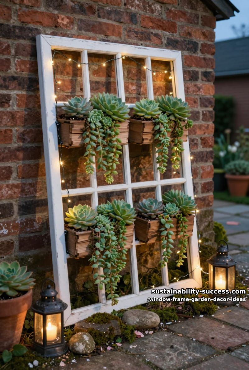 vintage window frame with cascading succulents and fairy lights for evening glow 1