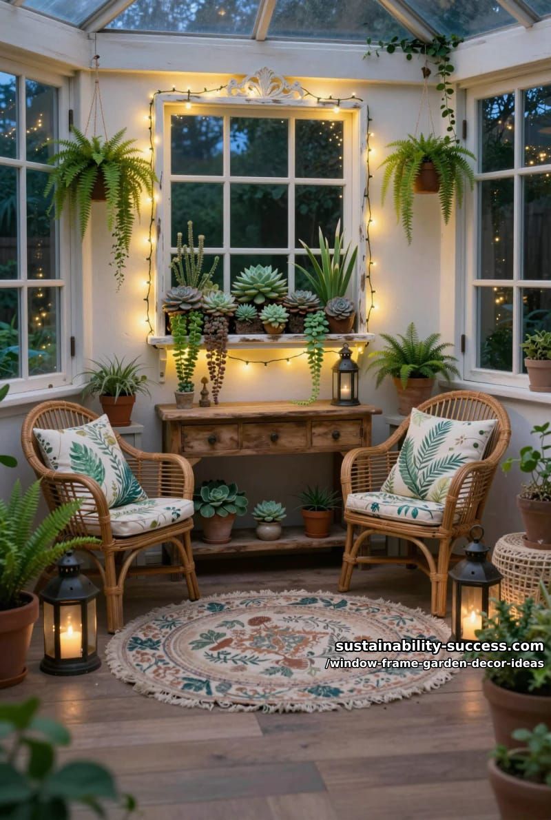 vintage window frame with cascading succulents and fairy lights for evening glow 1
