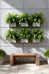 wall-mounted planter grid with lush green ferns 14