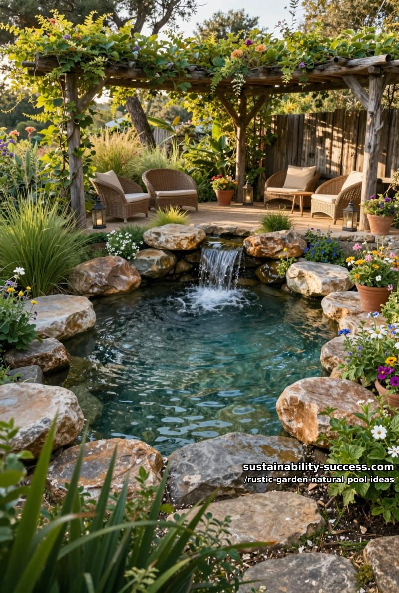 waterfall spilling into a rock-lined swimming pond beneath a pergola 1