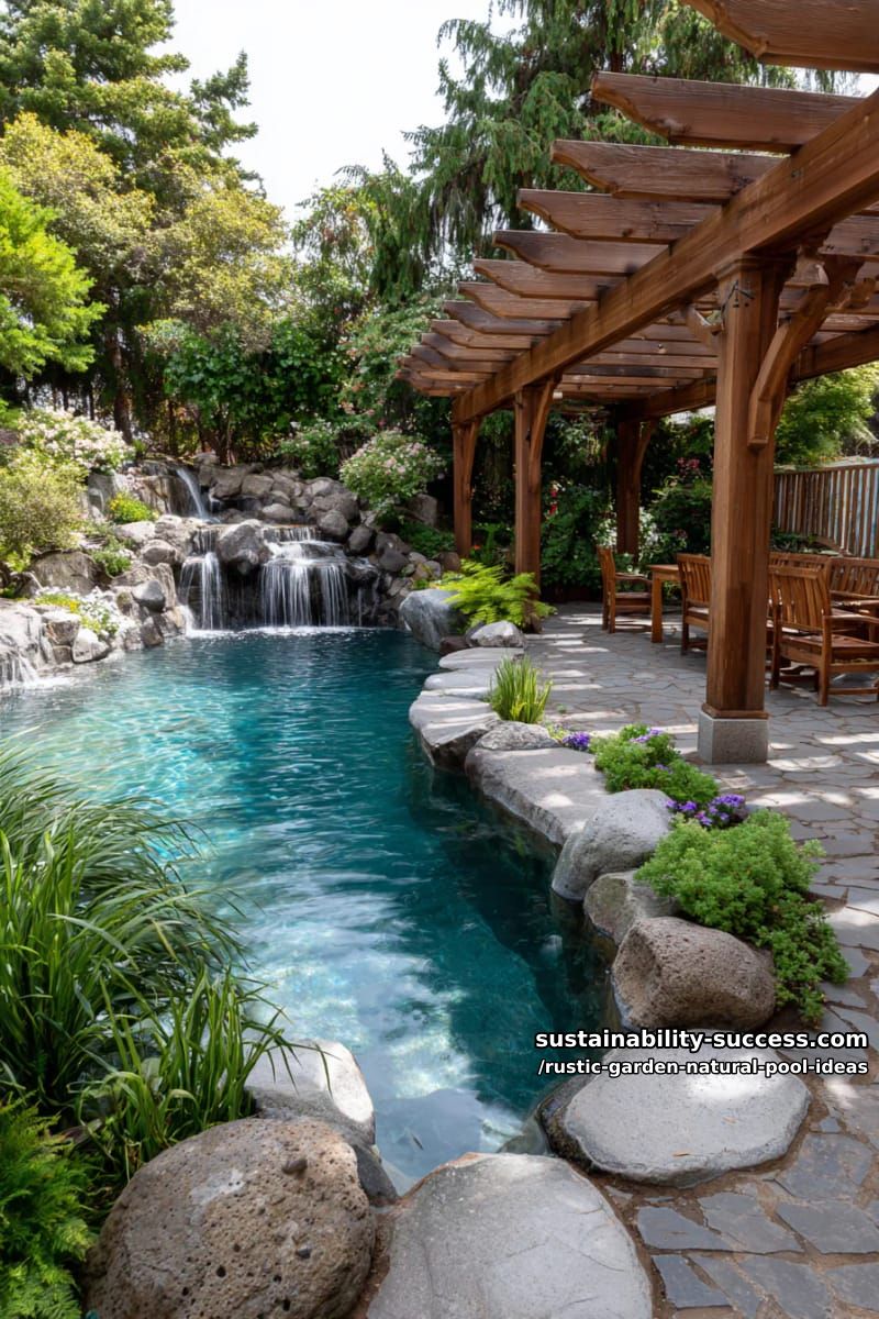 waterfall spilling into a rock-lined swimming pond beneath a pergola 1