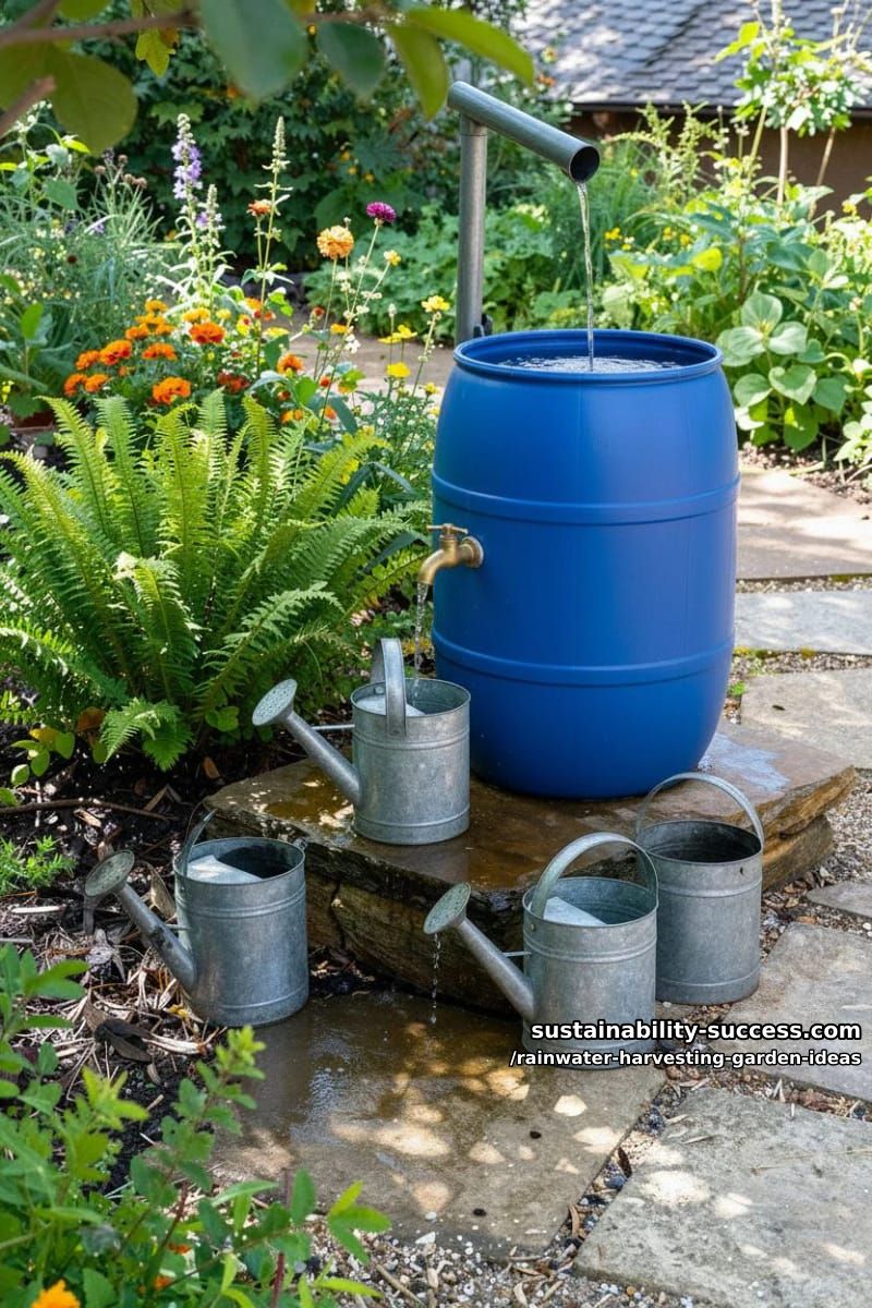 watering can station filled directly from a rustic rain collection barrel 1
