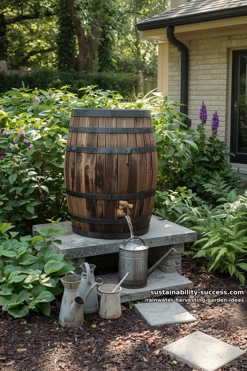 watering can station filled directly from a rustic rain collection barrel 1