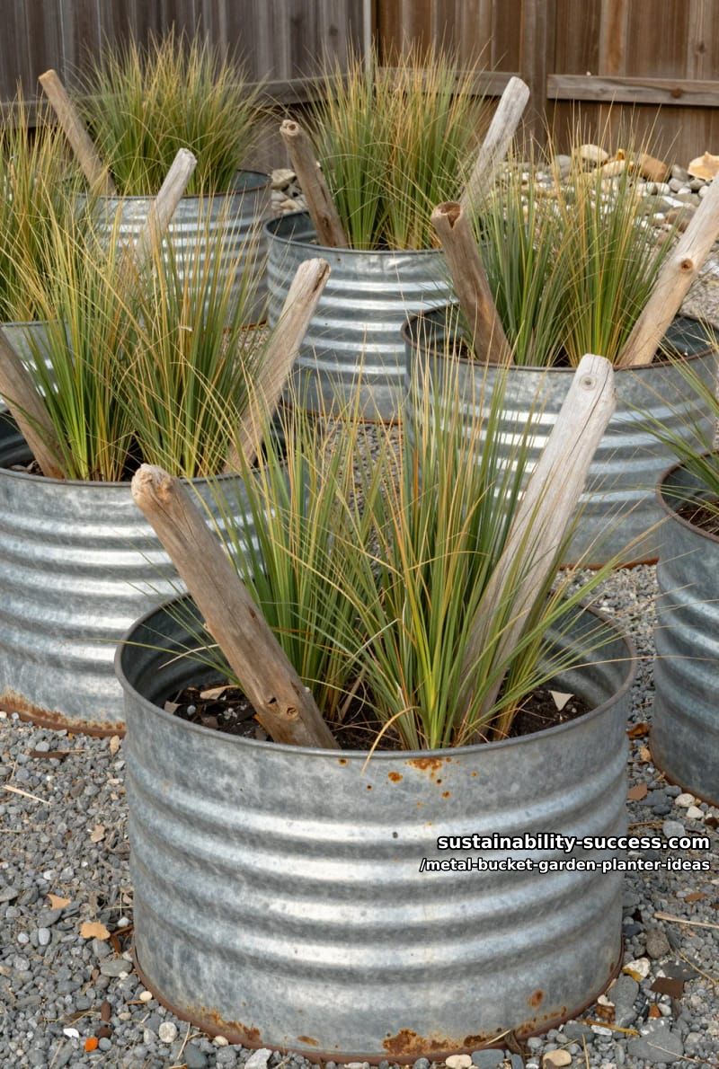 weathered corrugated tubs filled with ornamental grass and driftwood 1