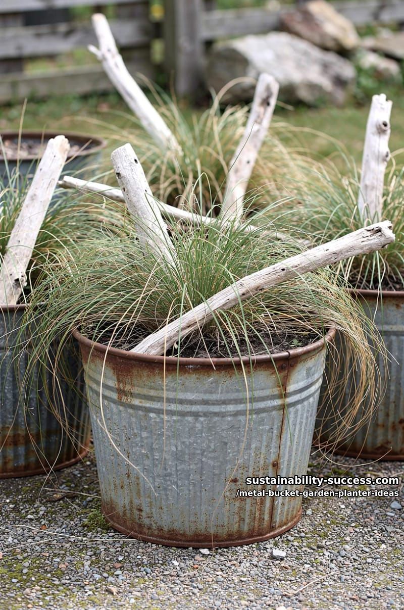 weathered corrugated tubs filled with ornamental grass and driftwood 1